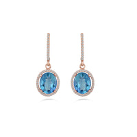 Rose Gold Oval Brilliant Cut London Blue Topaz Diamond Halo Drop Earrings in 18K Gold