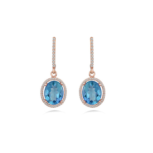 Rose Gold Oval Brilliant Cut London Blue Topaz Diamond Halo Drop Earrings in 18K Gold