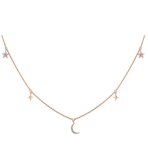 Crescent Moon And Stars Charm Diamond Necklace