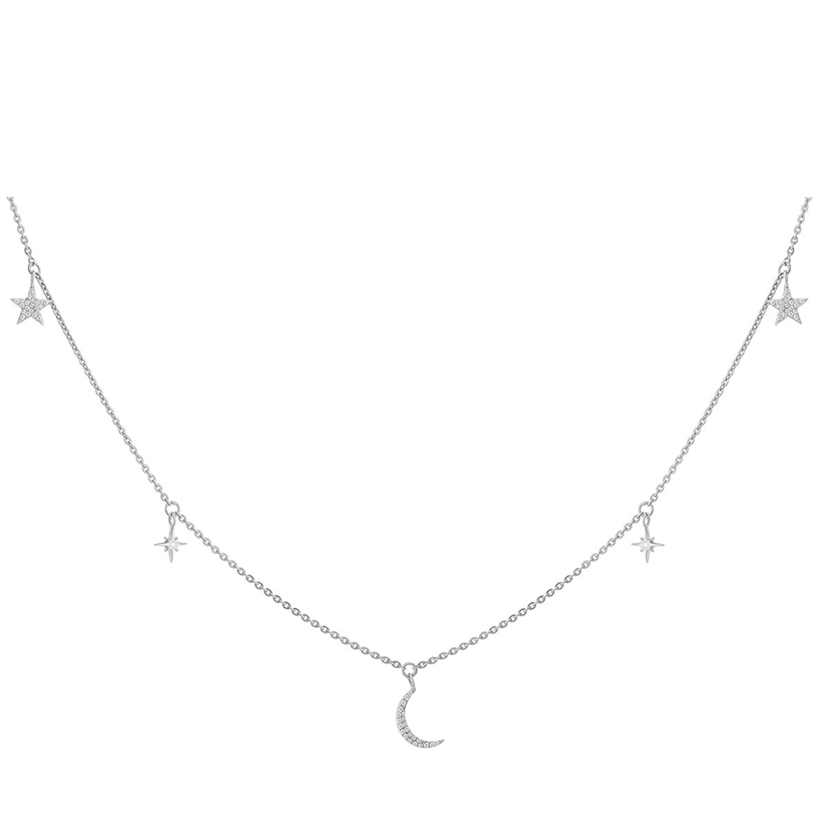 Crescent Moon And Stars Charm Diamond Necklace