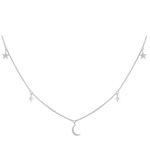 Crescent Moon And Stars Charm Diamond Necklace
