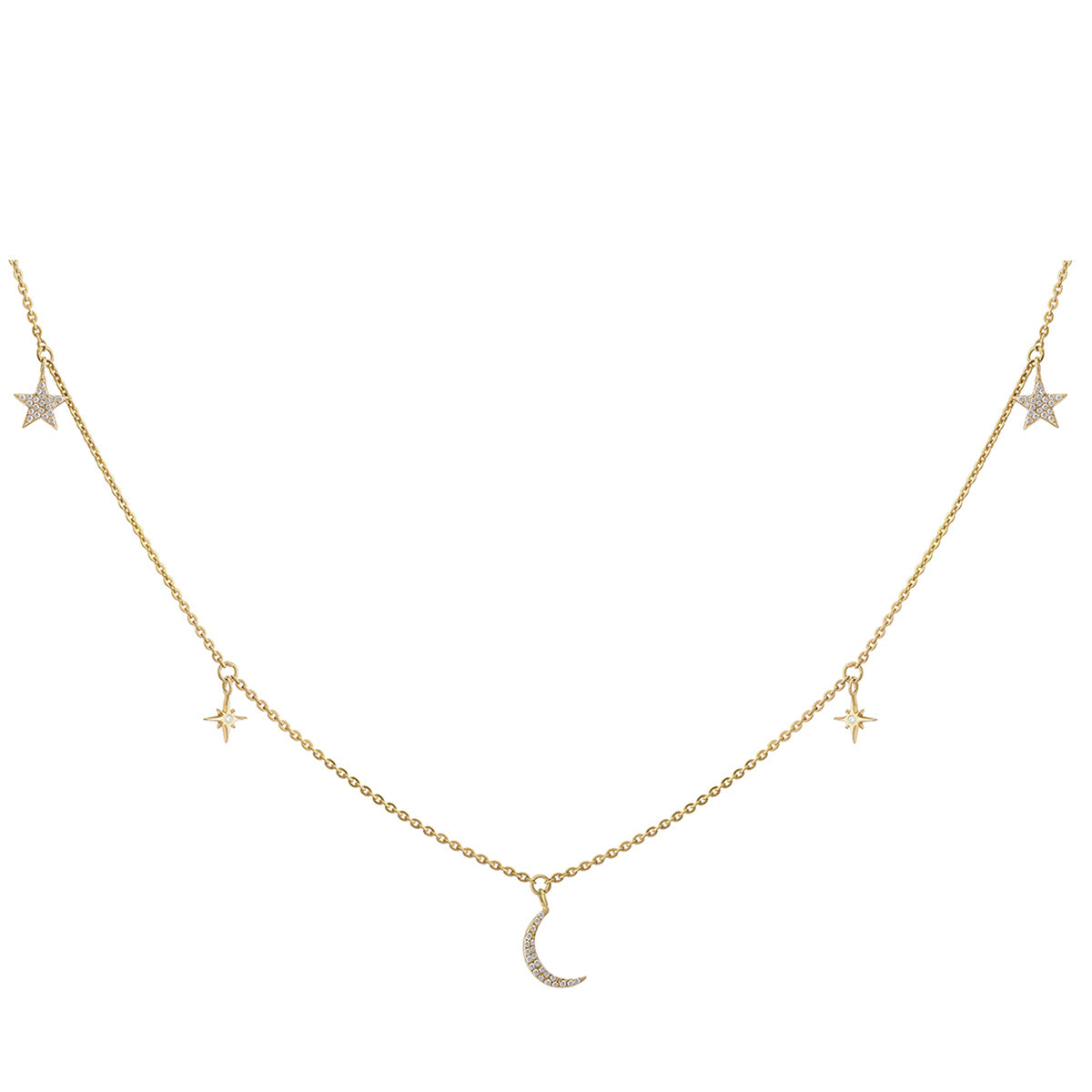 Crescent Moon And Stars Charm Diamond Necklace