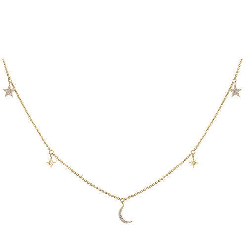 Crescent Moon And Stars Charm Diamond Necklace