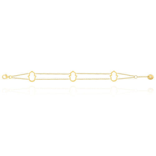Hamsa Hand Chamrs Tow layers Chian Bracelet in 18k Yellow Gold