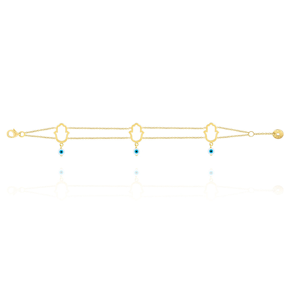 Hamsa Hand & Evil Eye Chamrs Tow layers Chian Bracelet in 18k Yellow Gold