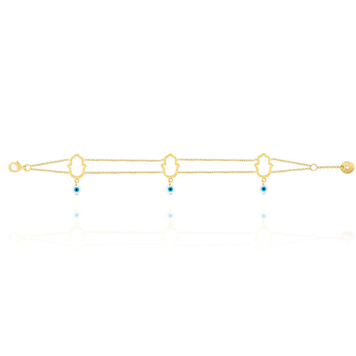 Hamsa Hand & Evil Eye Chamrs Tow layers Chian Bracelet in 18k Yellow Gold