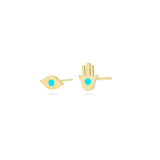 Hamsa Hand & Evil Eye Stud Earrings in 18k Yellow Gold