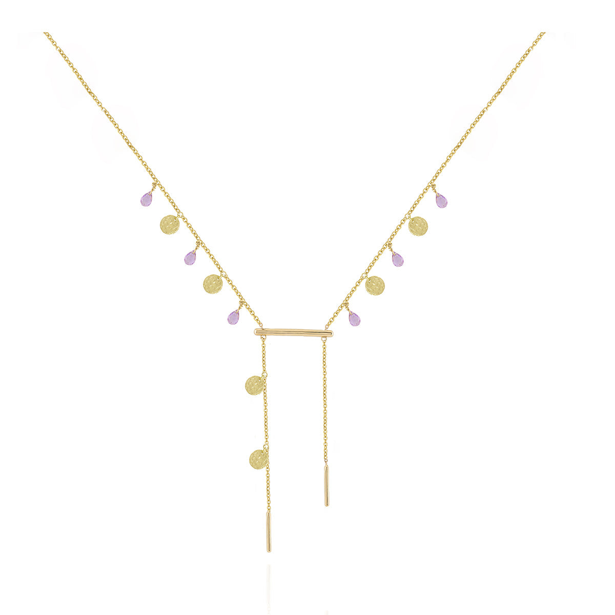 Purple Drops Necklace With Hammered Gold Coins