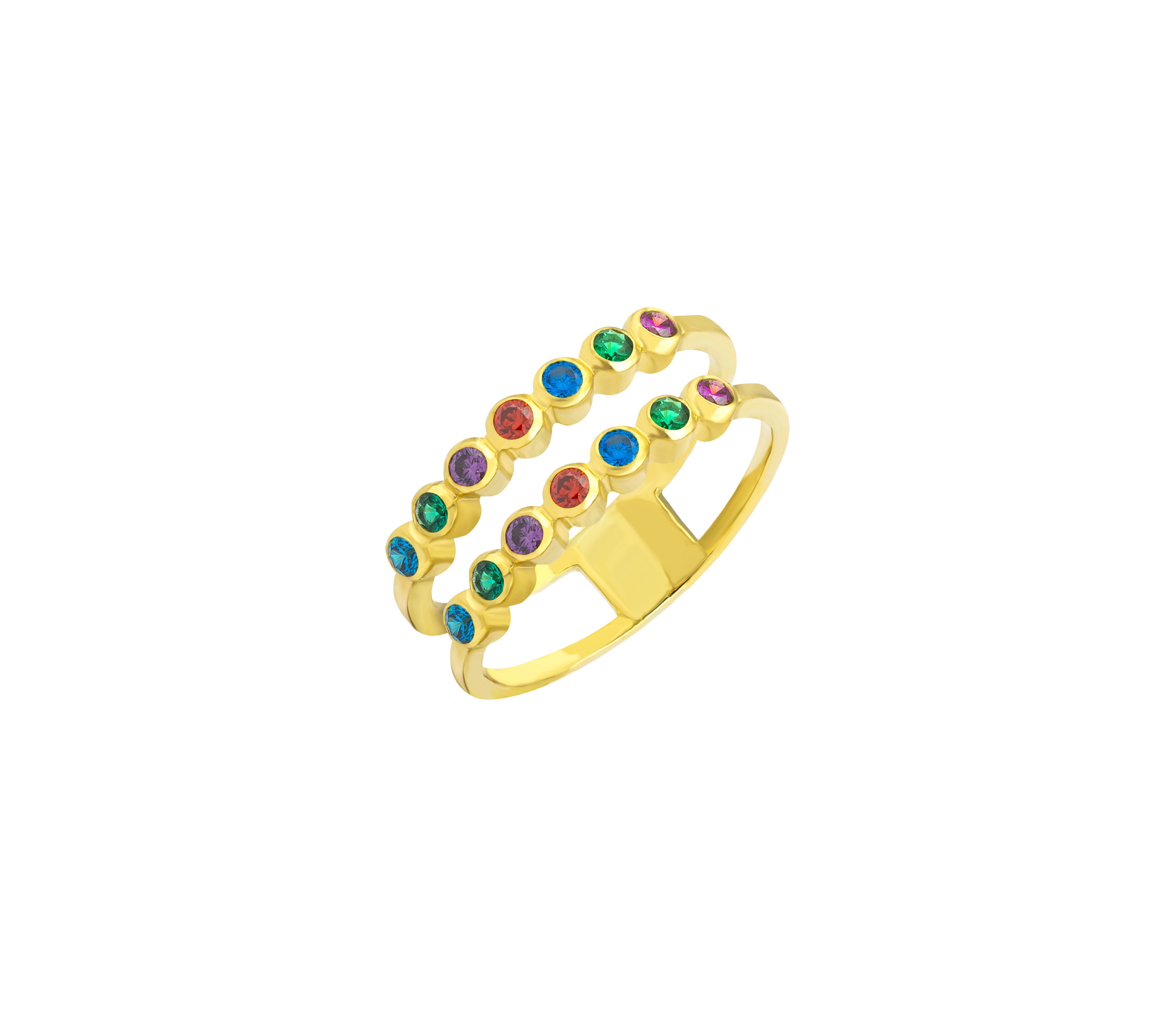 Multicolor Double Row 18K Gold Cuff Ring